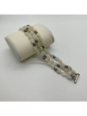 Vintage White Quartz 3 Strand Bracelet Natural Stone Oval Silver-tone Beads